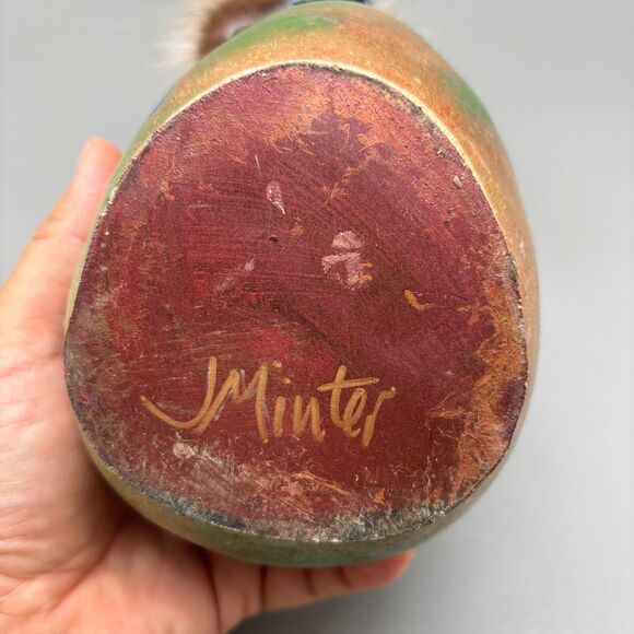 Gourd Art Sculpture J Minter Artist Signed Whimsical Folk Figure Fur Mixed Media - Picture 4 of 8